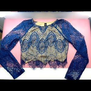 Navy Lace Long Sleeve Cropped Blouse